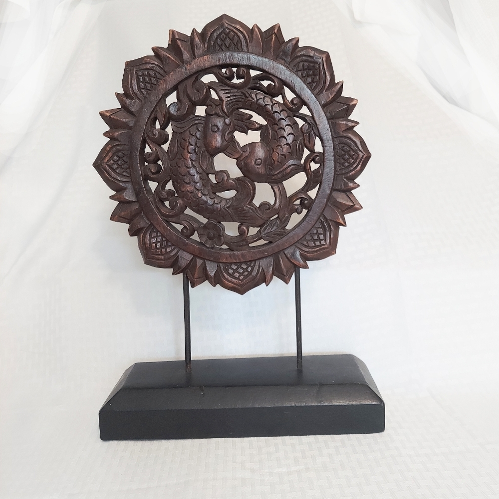 Wooden Fish Sculpture On Stand Home Decor